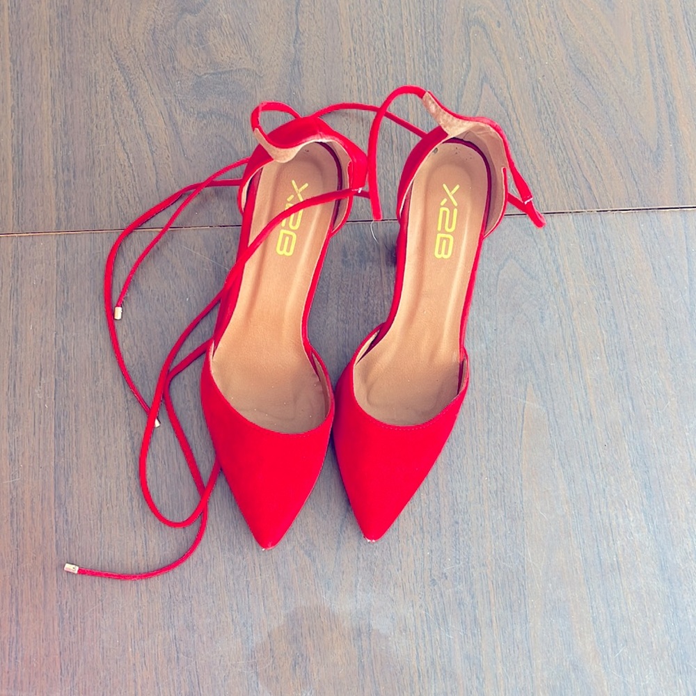 Red Lace-Up Pointed Toe Block Heels - image 2